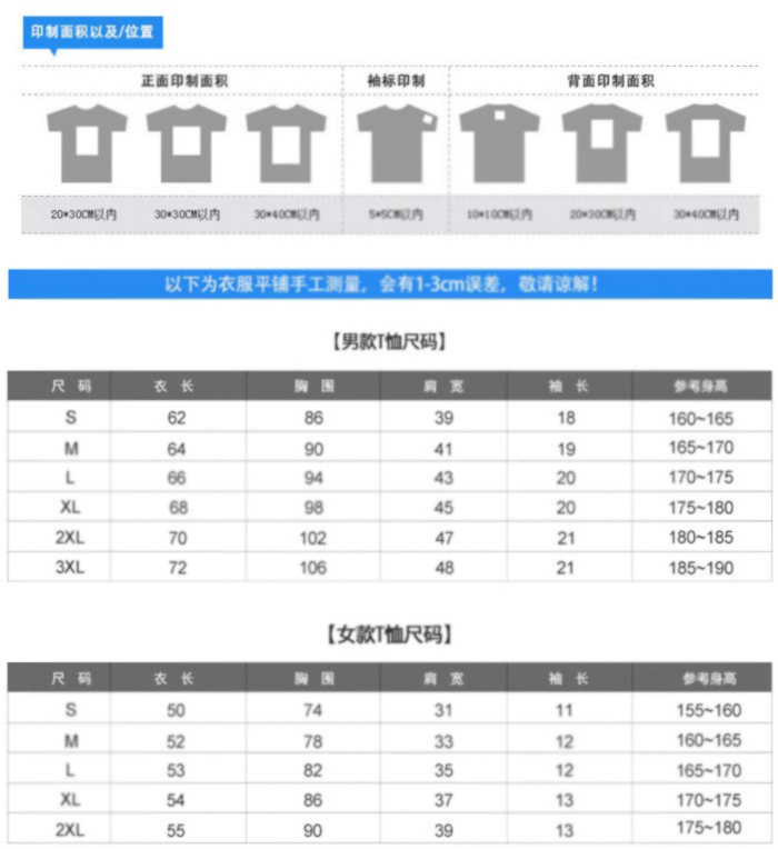 純棉短袖t恤文化衫規格尺寸圖表